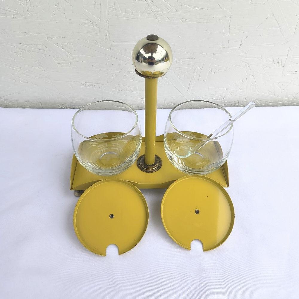 VINTAGE Mustard Yellow & Brass Retro Condiment Holder - Picture 7 of 14